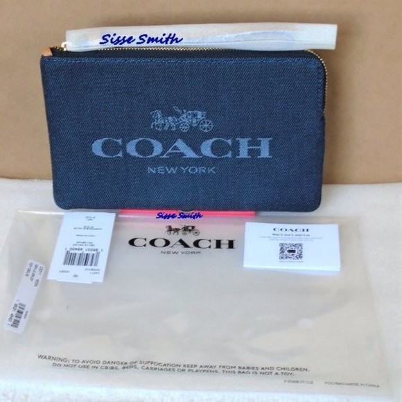 NWT Large Denim Corner Zip Wristlet with Coach Print - Picture 2 of 8